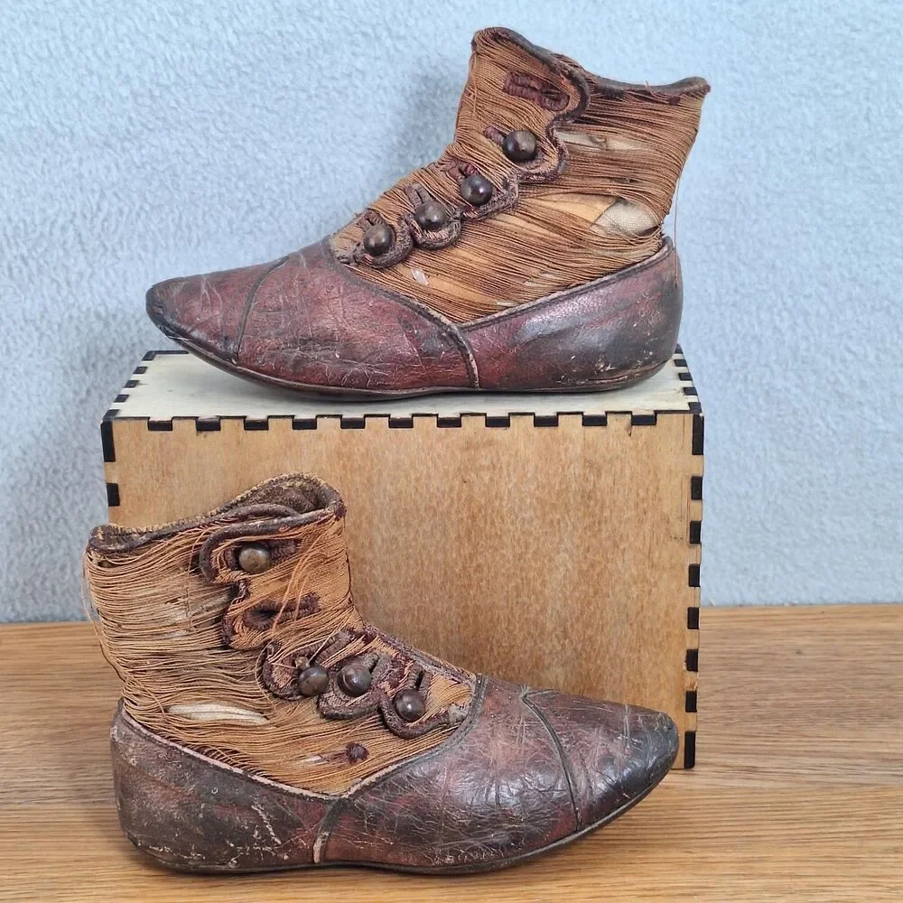 Antique Victorian Baby Boots High-Top Button Brown Leather Textile Pair Vintage